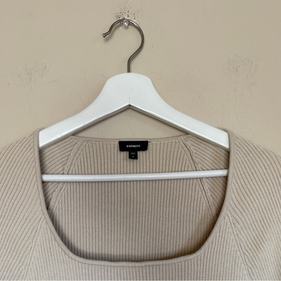 Express Long Sleeve Mini Dress Ribbed Square Neck Poplin Neutral Minimalist Med - Picture 4 of 8
